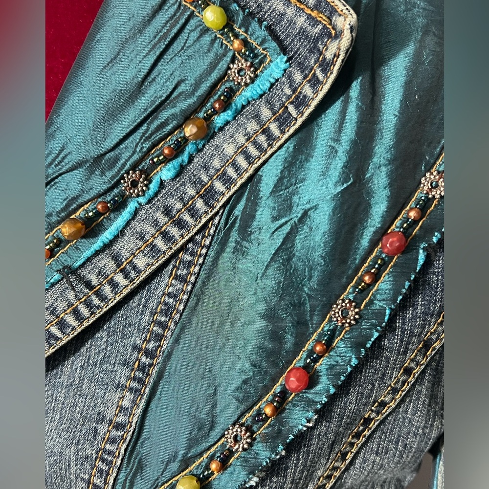 Y2K Cache Embellished Denim Jacket Sz 6 Beaded Lace Glam Boho Fairy Gypsy Boho - Picture 6 of 16